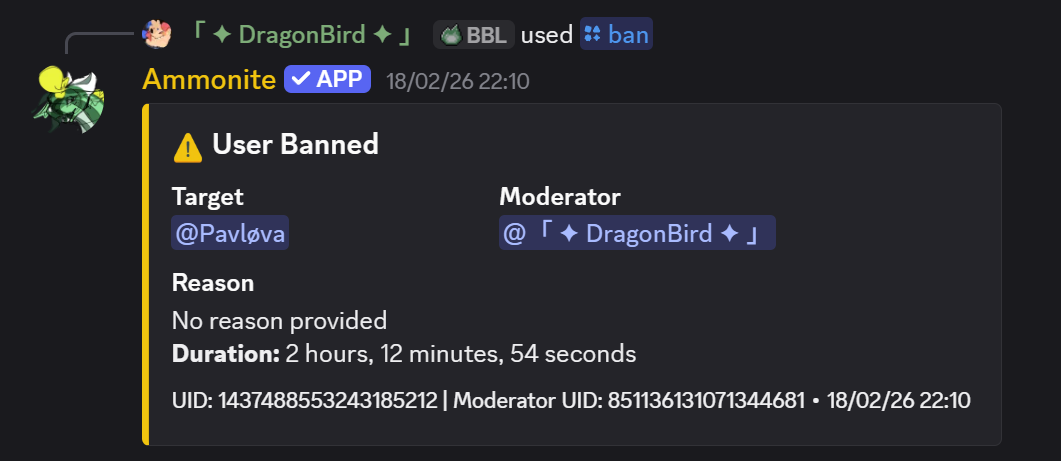 Ban command feedback