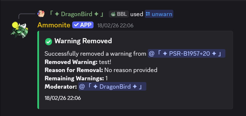 Unwarn command feedback